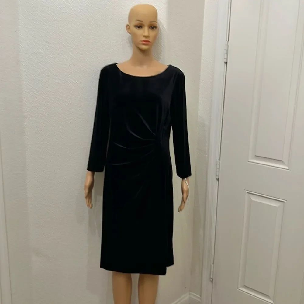 Preston & York Black Velvet Dress Sz 12 Scoop Neck 3/4 Sleeve Midi Ruched Waist